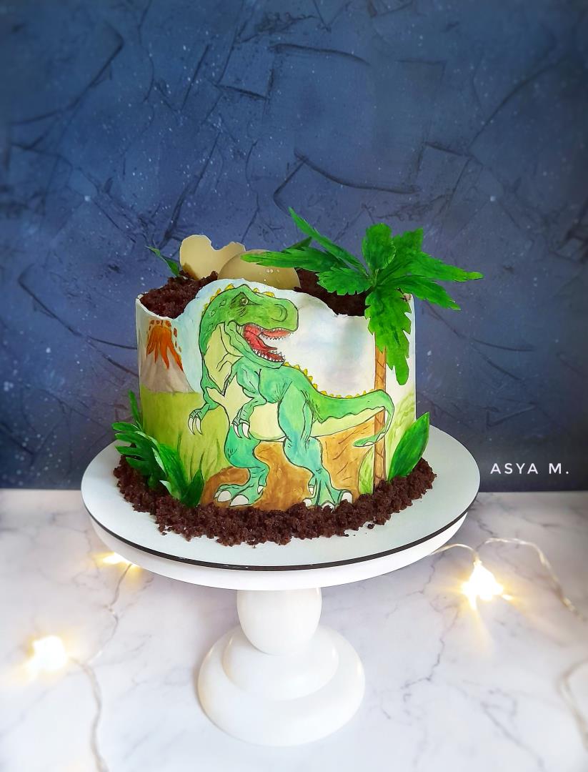 Расписной торт с динозавром, роспись ручная